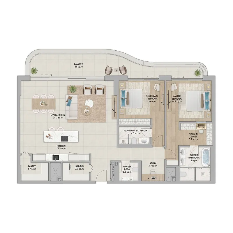 2.0 bedrooms apartments -  Fahid Beach Terraces